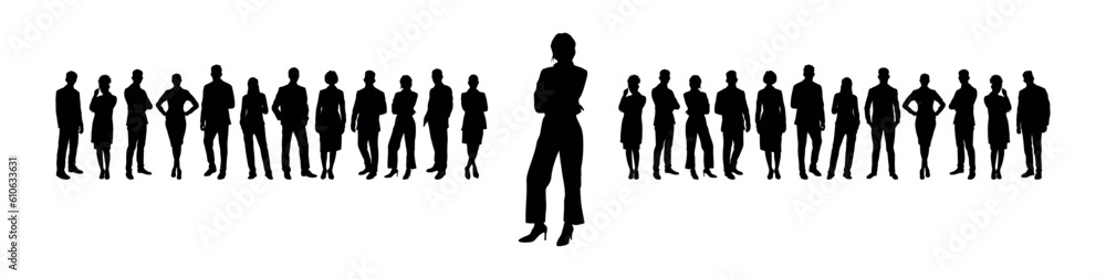 Businesswoman standing in front of group of business team silhouettes. Businesswoman standing in front of group of business team silhouettes.