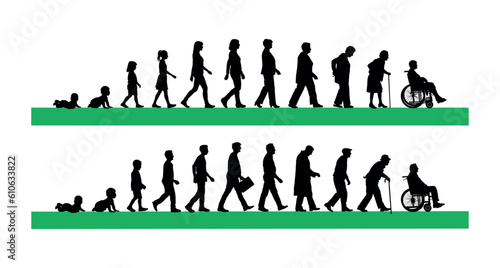 Life cycles of man and woman from a little baby to senior age silhouette vector illustration. Human life cycles stages of human development different stages infographic silhouettes.
