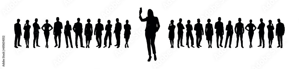 Business woman standing and taking selfie in front of business team group silhouette. Business woman standing and taking selfie in front of business team group silhouette.