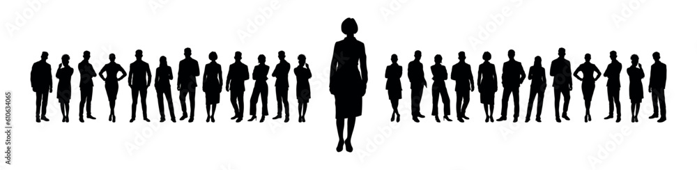Businesswoman standing in front of large group of business people vector silhouette. Businesswoman standing in front of large group of business people vector silhouette.
