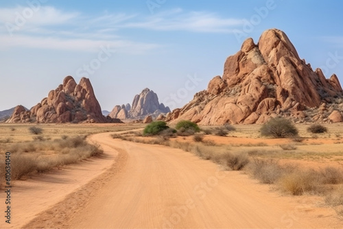 Panoramic view of the desert road with rocky landscape on the background in Spitzkoppe Namibia © alisaaa
