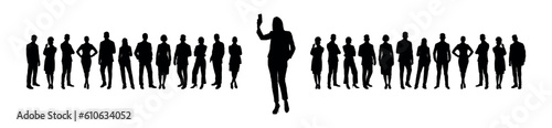 Business woman standing and taking selfie in front of business team group silhouette.
