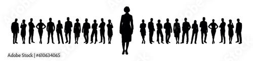 Businesswoman standing in front of large group of business people vector silhouette.