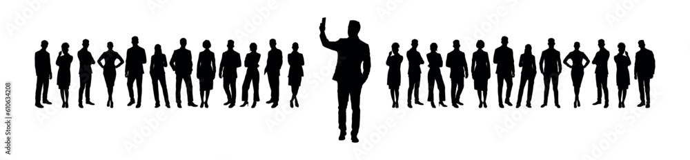 Businessman standing and taking selfie in front of business people crowd silhouette. Businessman standing and taking selfie in front of business people crowd silhouette.