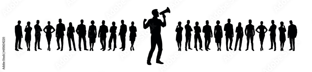 Businessman speaking loud through megaphone speaker in front of group of business people silhouettes