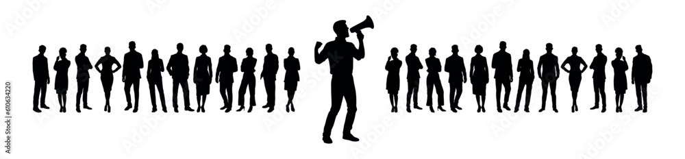 Businessman speaking loud through megaphone speaker in front of group of business people silhouettes Businessman speaking loud through megaphone speaker in front of group of business people silhouettes