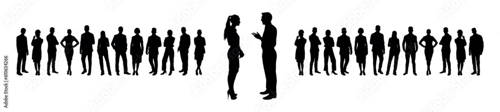 Businessman and businesswoman standing face to face and talking in front of crowd business people silhouettes. Businessman and businesswoman standing face to face and talking in front of crowd business people silhouettes.