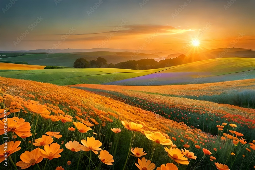 A field of delicate orange and yellow cosmos flowers, their daisy-like blooms dancing in the wind