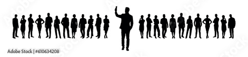 Businessman standing and taking selfie in front of business people crowd silhouette.