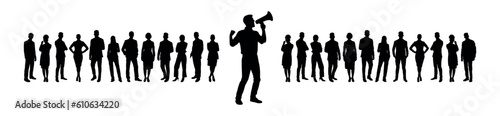 Businessman speaking loud through megaphone speaker in front of group of business people silhouettes