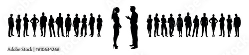 Businessman and businesswoman standing face to face and talking in front of crowd business people silhouettes.