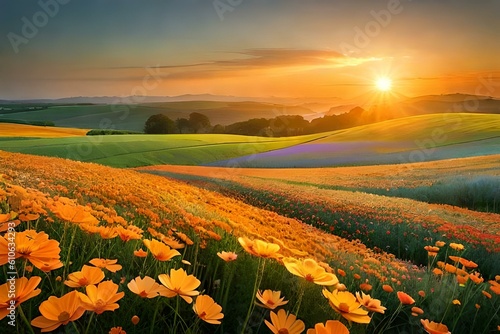 A field of delicate orange and yellow cosmos flowers  their daisy-like blooms dancing in the wind