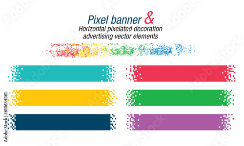 Pixel banner &horizontal pixelated decoration advertising vector elements