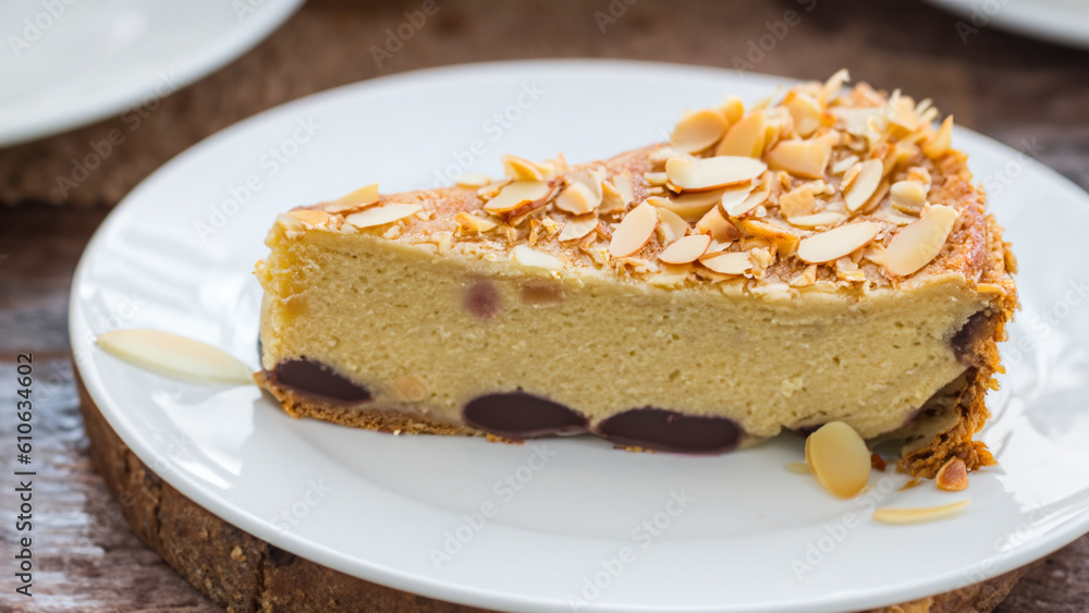 Almond torte with slice on a plate - generative ai Almond torte with slice on a plate - generative ai