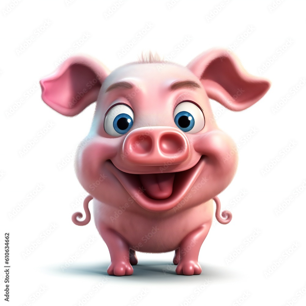 Smiley face funny cartoon pig mascot on white background Generative AI