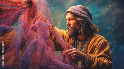 Colorful painting art portrait of the apostle Peter cleaning his fishing net. Christian illustration. Generative AI.