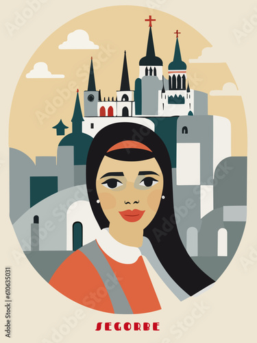 Segorbe: Beautiful vintage-styled poster with a woman and the name Segorbe in Valencia photo