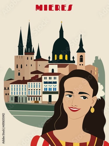 Mieres: Beautiful vintage-styled poster with a woman and the name Mieres in Asturias photo