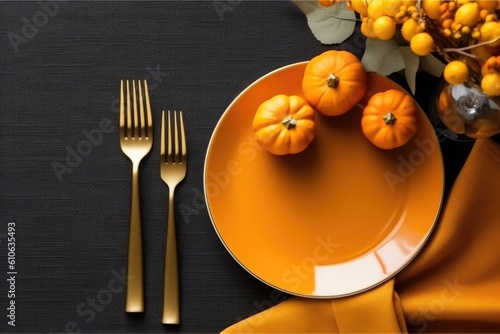 Thanksgiving table setting flat lay on table, AI Generative