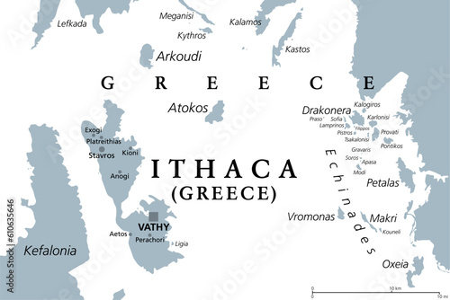Ithaca, island and regional unit in Greece, gray political map. Part of the Ionian Islands. Ithaca, Arkoudi, Atokos, and the Echinades islands Drakonera, Vromonas, Makri, Oxeia, Kalogiros and Kouneli.