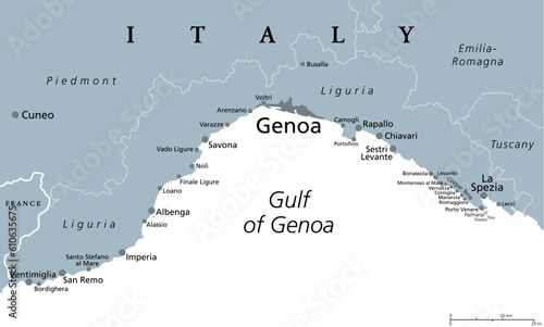 Liguria and the Italian Riviera, the Ligurian Riviera, gray political map. A region of north-western Italy, with capital Genoa. Coastal strip between Ventimiglia and La Spezia, on the Gulf of Genua. photo