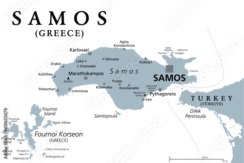 Samos, Greek island, gray political map. Island in eastern Aegean Sea, and separated of western Turkey coast by the Mycale Strait. Rich city-state in ancient times and the birthplace of Pythagoras. photo