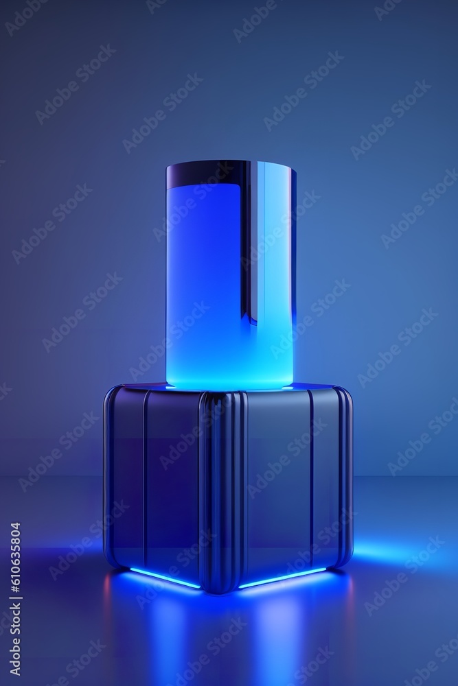 Futuristic Elegance: Realistic 3D Blue Cylinder Pedestal Podium in Sci-Fi Setting Futuristic Elegance: Realistic 3D Blue Cylinder Pedestal Podium in Sci-Fi Setting