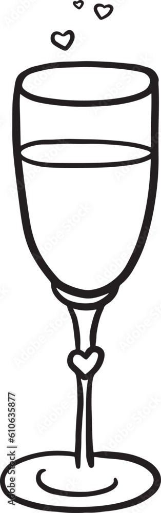 Sparkling glass of drink doodle vector illustration. Cute doodle artwork of champagne glass with hearts. Design for cafe, restaurant menu, alcohol drinks, wedding cards, invitations, winter holidays Sparkling glass of drink doodle vector illustration. Cute doodle artwork of champagne glass with hearts. Design for cafe, restaurant menu, alcohol drinks, wedding cards, invitations, winter holidays