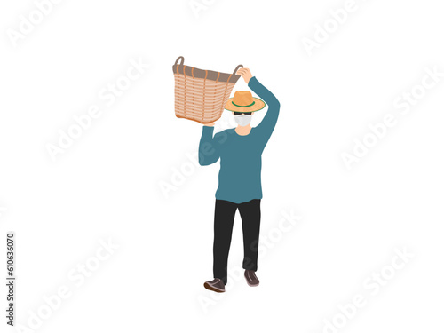 A man is carrying a basket.