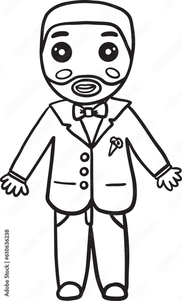 Doodle groom vector outline illustration. Hand drawn vector doodle illustration of fiance with a beard in tuxedo suit. Design for a wedding cards, invitations, backgrounds, etc. Doodle groom vector outline illustration. Hand drawn vector doodle illustration of fiance with a beard in tuxedo suit. Design for a wedding cards, invitations, backgrounds, etc.
