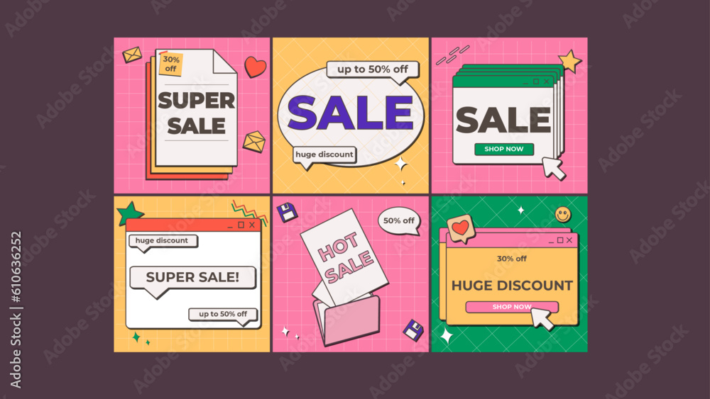 6 Retro Social Media Posts. Can help you to offer various types of sales and discounts on products in your account, shop, or account. Digital, RGB, 1080 x 1080 px per each post, 15 Text Placeholders.