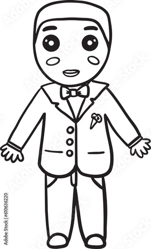 Doodle groom vector outline illustration. Hand drawn vector doodle illustration of fiance in tuxedo suit. Design for a wedding cards, invitations, backgrounds, etc.