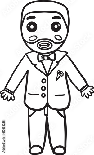 Doodle groom vector outline illustration. Hand drawn vector doodle illustration of fiance with a beard in tuxedo suit. Design for a wedding cards, invitations, backgrounds, etc.