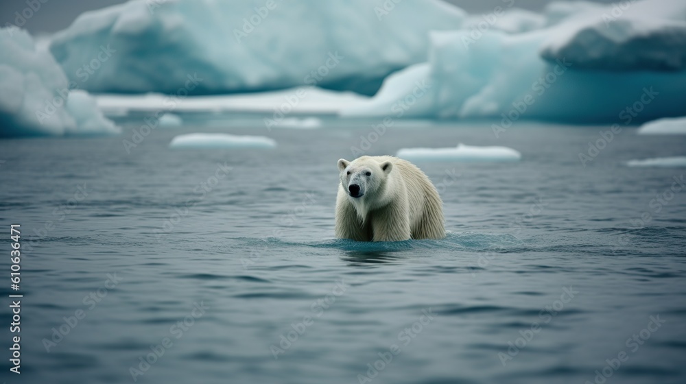 close up portrait of the polar bear in the water and melting glaciers in the background