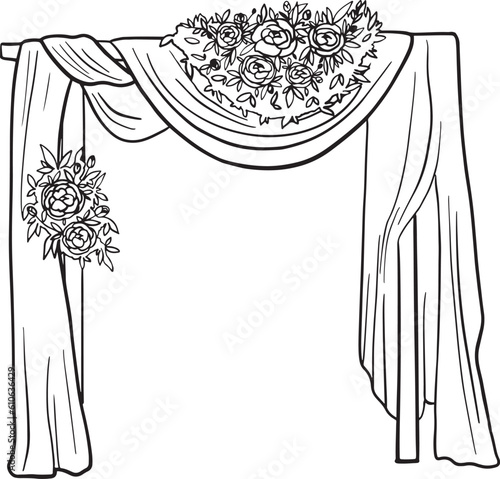 Wedding arch vector outline. Hand drawn vector doodle illustration of wedding arch decorated with roses flowers line art. Design for wedding cards, invitations, backgrounds, maps.