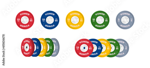 Barbell discs for powerlifting, weightlifting, crossfit. Set color and isometric icon. Gym sign symbol. Isolated vector illustration