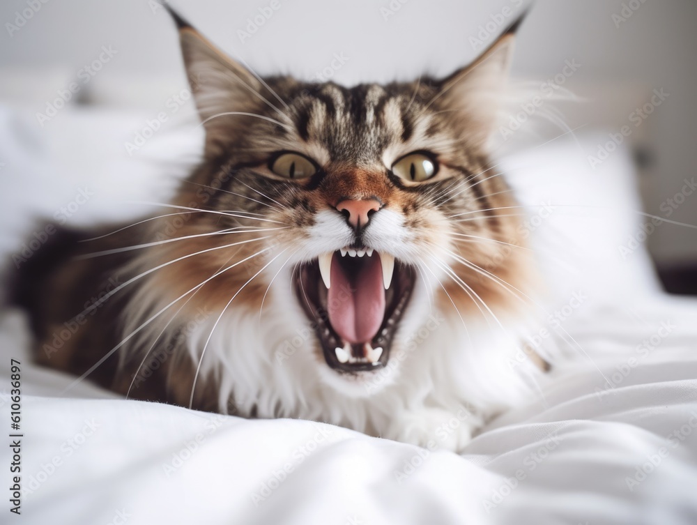 Angry fluffy cat hisses at the owner. The kitten is yawning. Maine Coon cat meows, funny pet lying in bed close-up. Animal aggression, adaptation.  Ai Generative