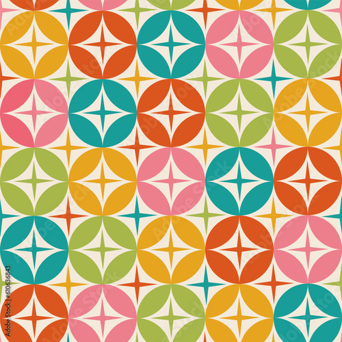 Mid century modern colorful starbursts on circles seamless pattern in orange, red , pink, lime green and teal. For home decor, retro backgrounds and wallpaper 