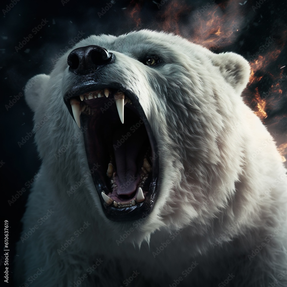 a polar bear in attack mode with open mouth and pointed teeth | Generative AI 
