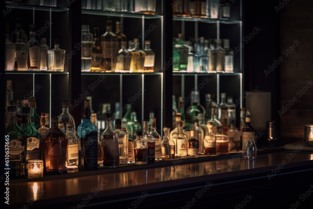 Bar interior at night. Alcohol bottles and drink glasses on wall shelves and bar bench, Generative AI