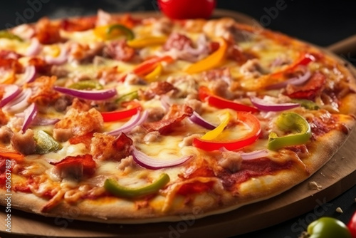 Pizza with salami bell pepper tomatoes and cheese pickles bacon and sausages on a light background, Close-up selective focus