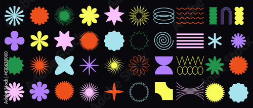 Big vector set of brutalist geometric shapes. Trendy abstract minimalist figures, stars, flowes, circles. Modern abstract graphic design elements.Vector illustration