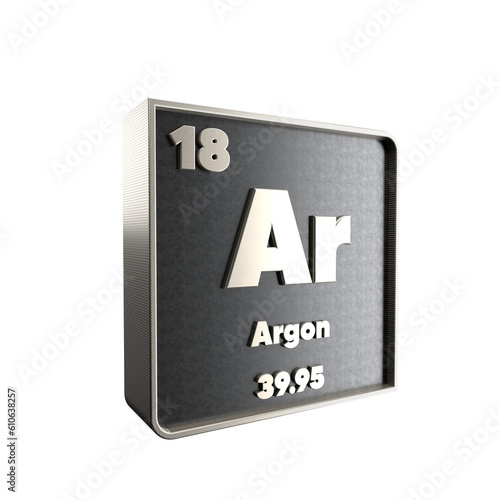 Argon chemical element black and metal icon with atomic mass and atomic number. 3d render illustration.