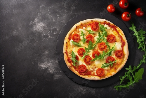 Pizza with tomatoes mozzarella cheese and arugula, Pizza menu,Top view with copy space on dark stone table