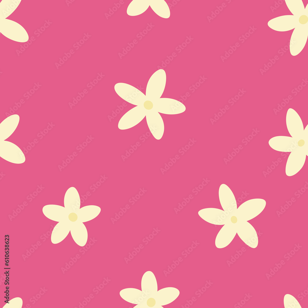 Cute floral seamless pattern. White jasmine flowers on bright pink background. Girlish botanical allover print for fabric, textile or paper printing