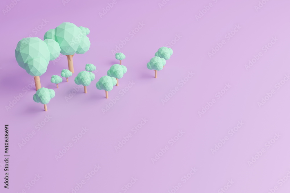 3D rendering of a group of trees in a row on a purple background