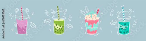 Bubble tea cup design collection, Pearl milk tea, Yummy drinks, milkshake and soft drinks with doodle style banner. Bubble milk tea ads with delicious tapioca and pearl. Cartoon Vector Illustration. 