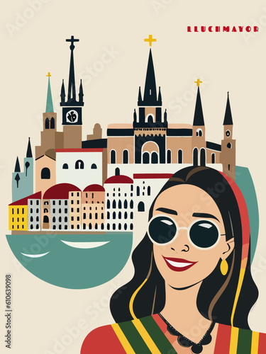 Lluchmayor: Beautiful vintage-styled poster with a woman and the name Lluchmayor in Balearic Islands