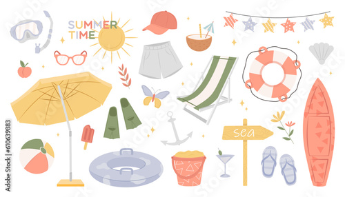 Collection of summer beach elements. Summer leisure activity. Cute travel set for the beach. Collection of scrapbooking elements for beach party. Tropical vacation. Cartoon vector stock illustration.