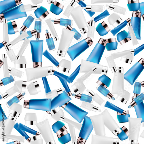 Seamless pattern of cosmetic and beauty products, tube, jar, serum bottle, face gel, cream,  beautician spa background wallpaper, vector ilustration